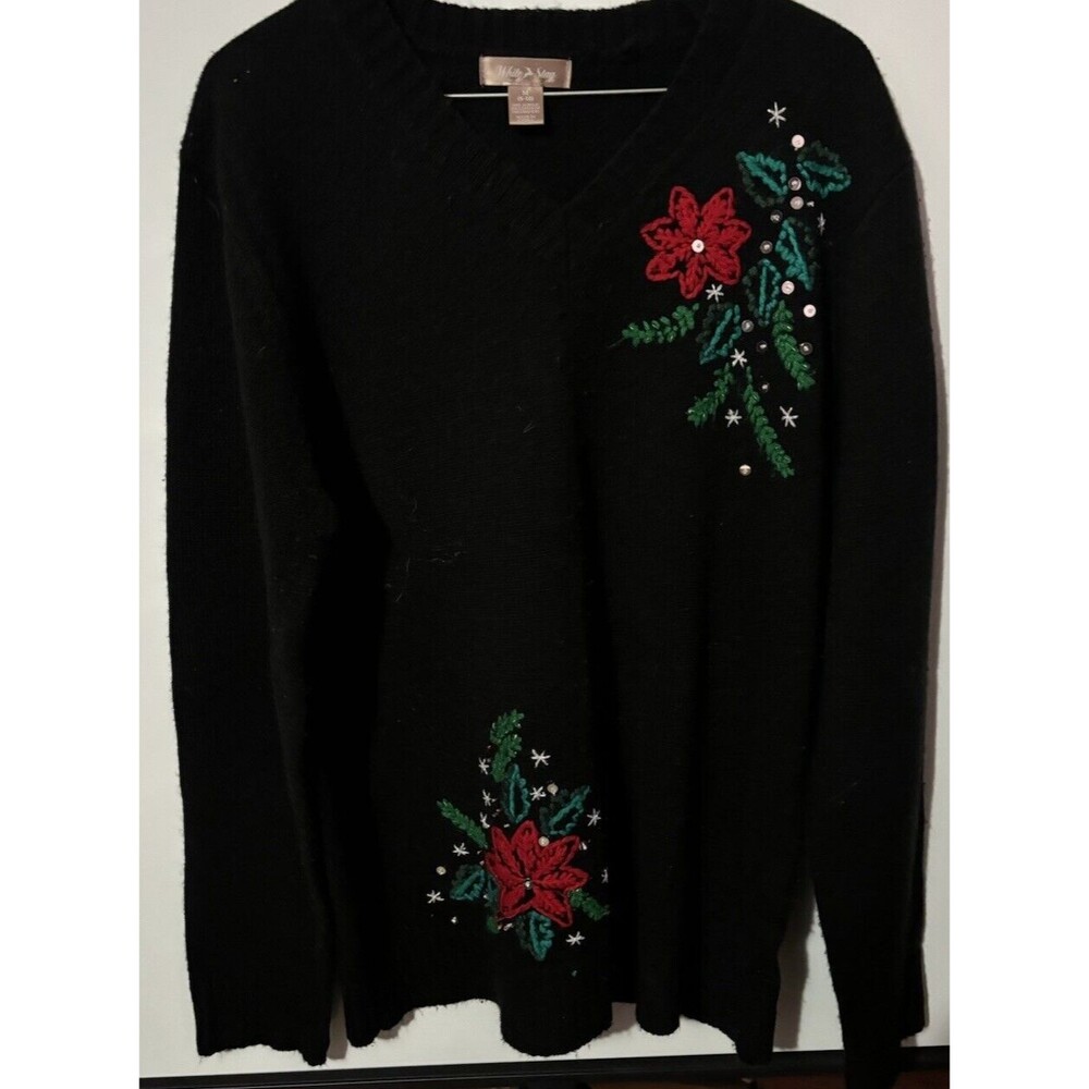 White Stag Vintage Christmas Sweater Black Cardigan Poinsettias Size M